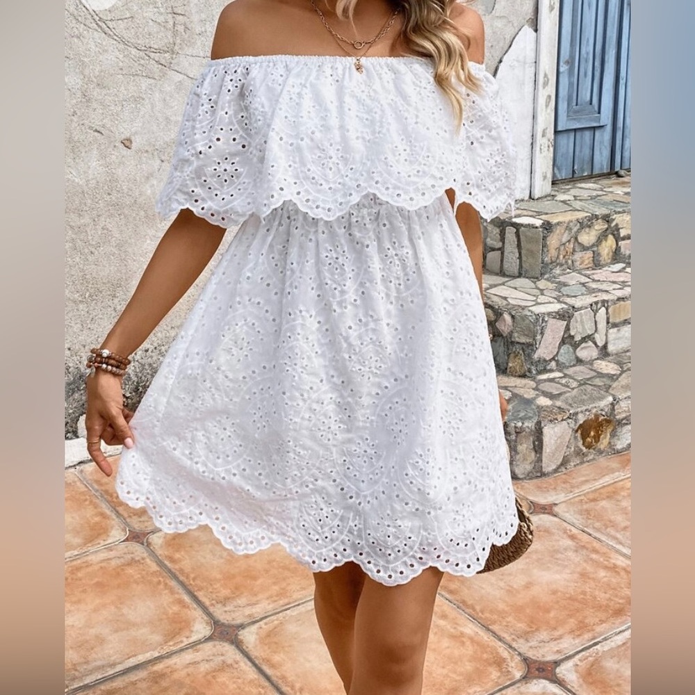 Shein vcay off shoulder eyelet dress. White. Medium. NWT.